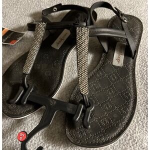 West Loop T-Strap Thong Black Sandals Rhinestones Women's Size SM (5/6)